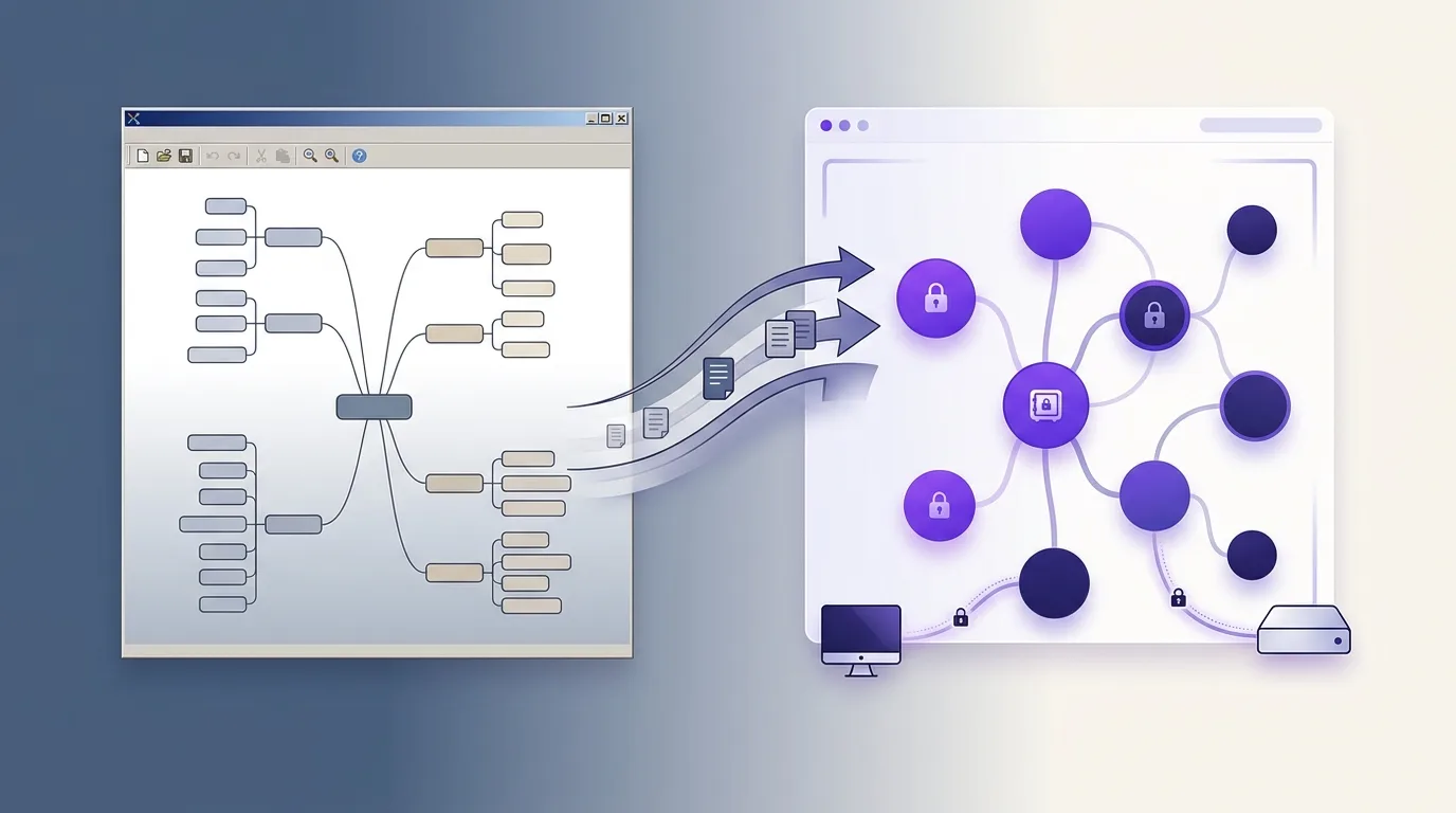 FreeMind and Freeplane versus MindMapVault showing legacy Java desktop tools versus a modern PWA-capable encrypted mind mapper