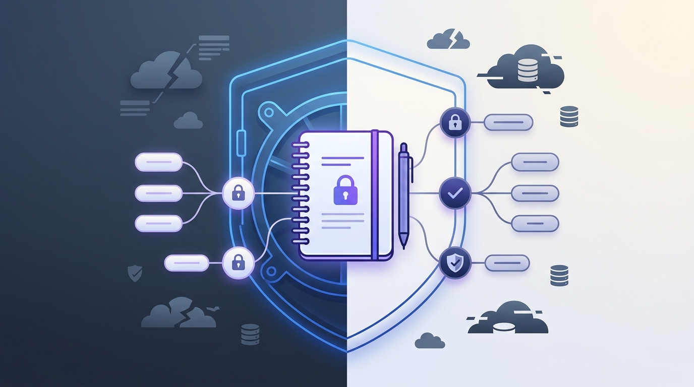 Encrypted notebook protected by a shield while provider clouds and databases stay outside the boundary
