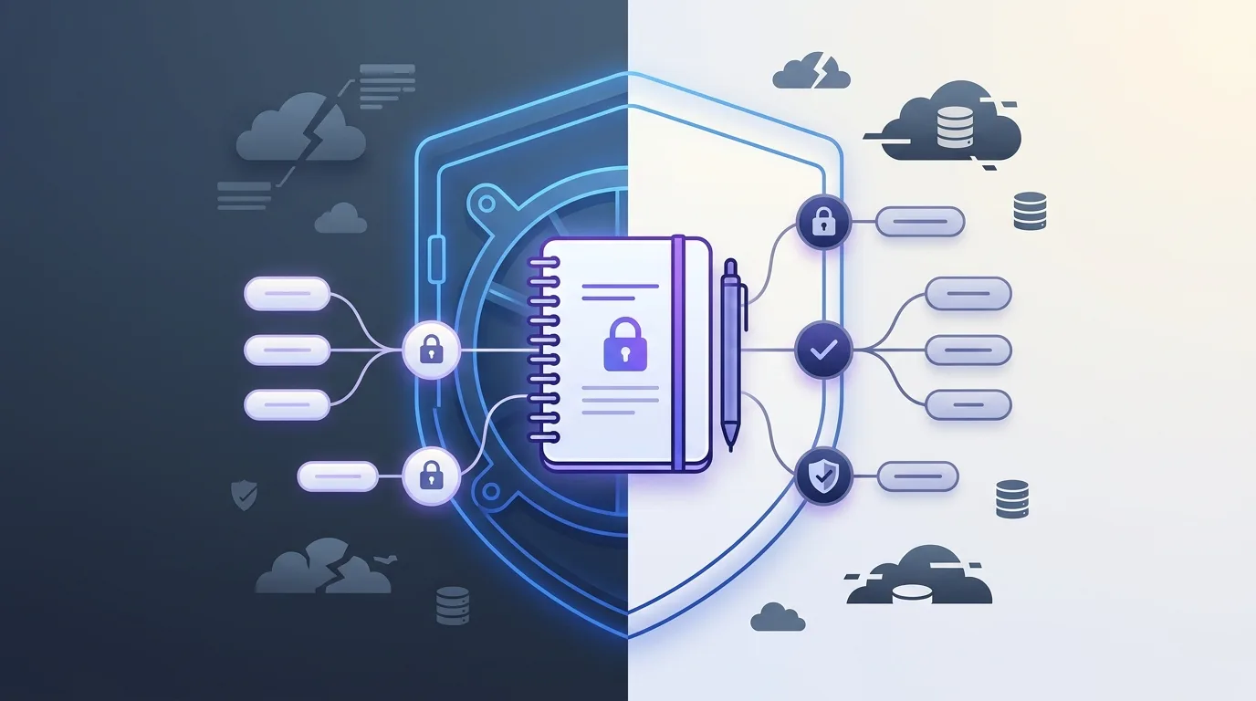 Encrypted notebook protected by a shield while provider clouds and databases stay outside the boundary