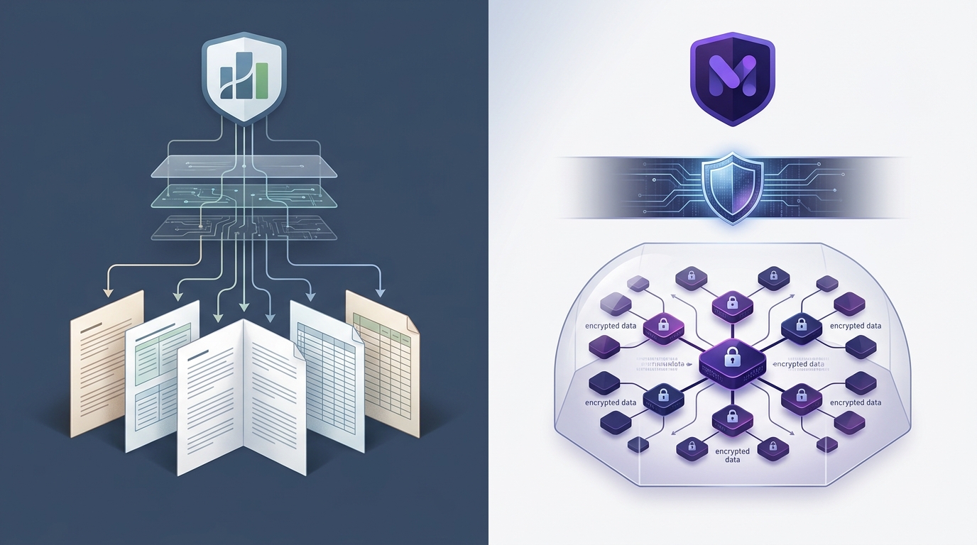 Company-side access and user-held encryption keys shown as separated trust boundaries