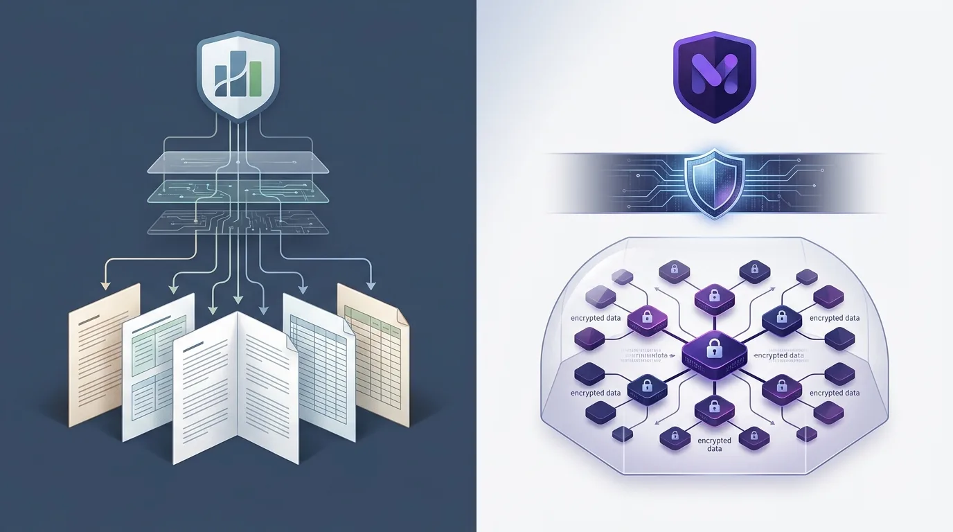 Company-side access and user-held encryption keys shown as separated trust boundaries