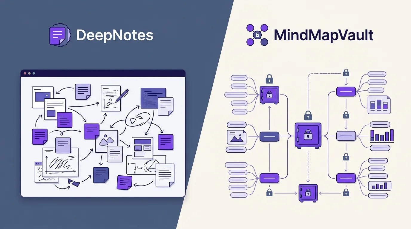 DeepNotes and MindMapVault comparison showing encrypted collaborative canvas versus private mind mapping