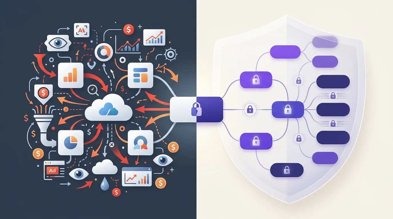 Split illustration contrasting a data-harvesting cloud app with a zero-knowledge app storing only encrypted nodes behind a shield