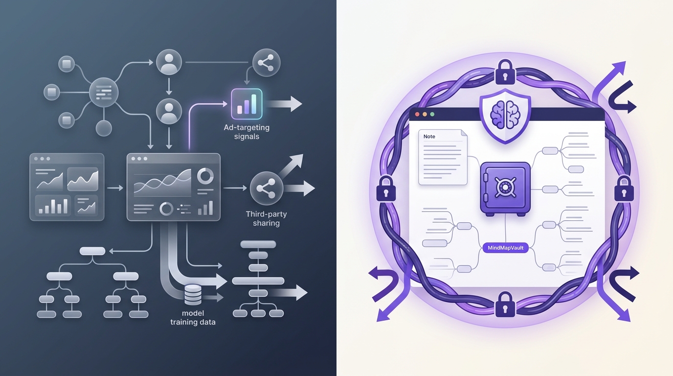 Commercial data use and monetization flows shown around a protected MindMapVault workspace