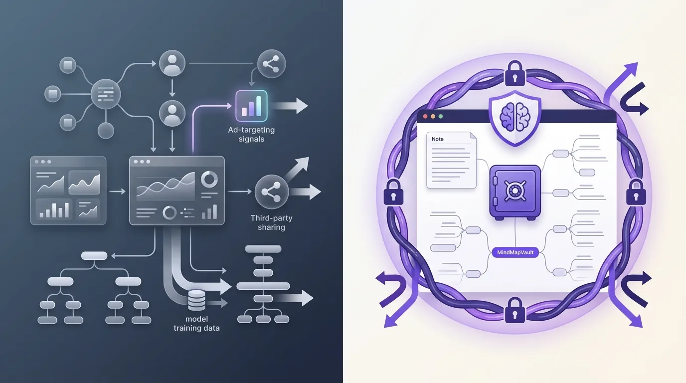 Commercial data use and monetization flows shown around a protected MindMapVault workspace