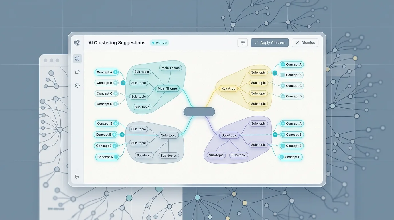Dedicated mind map editor showing structured branches and a clustering view