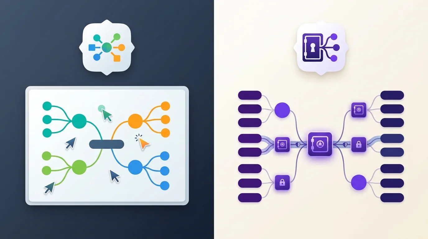 MindMeister and MindMapVault comparison showing collaborative brainstorming versus private mind mapping