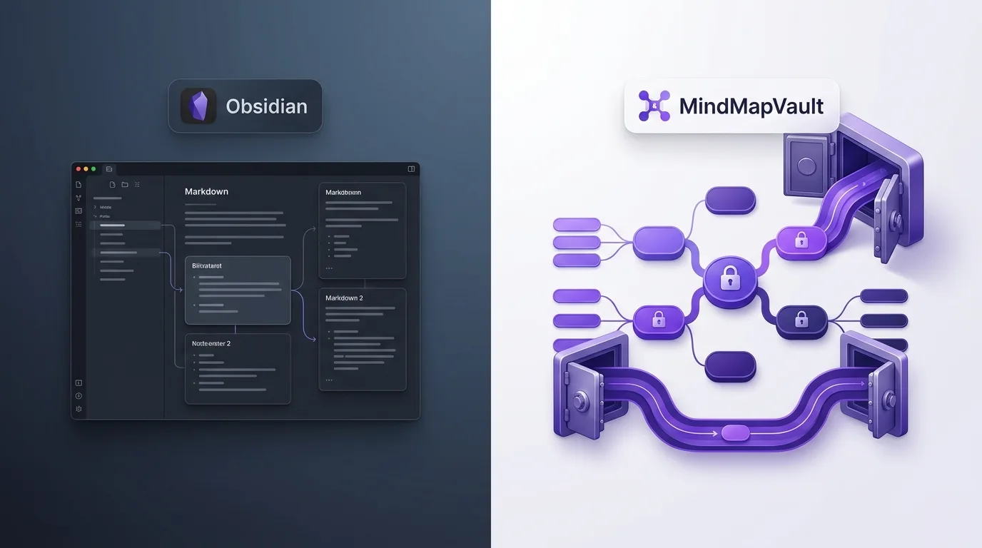 Obsidian and MindMapVault comparison showing linked notes versus private mind mapping
