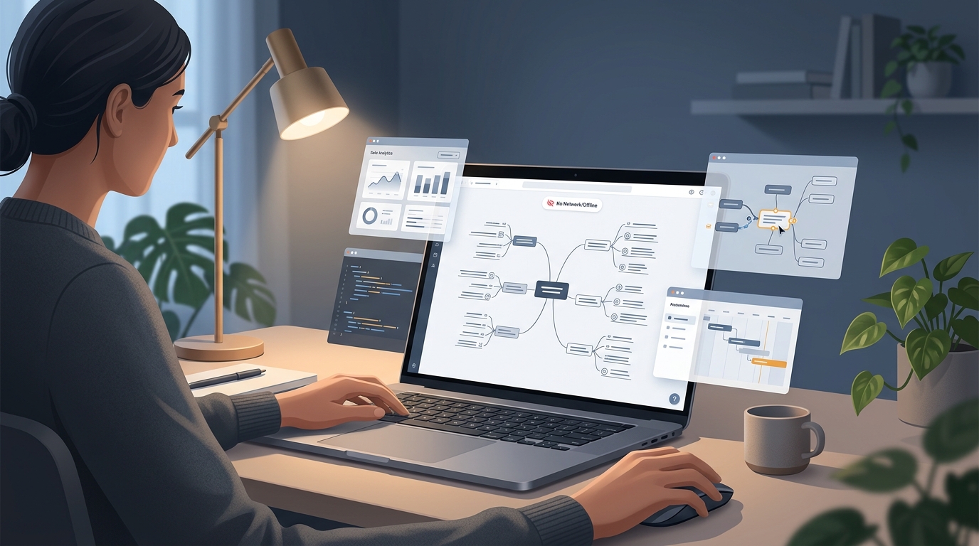 User editing a mind map on a laptop with no-network indicator