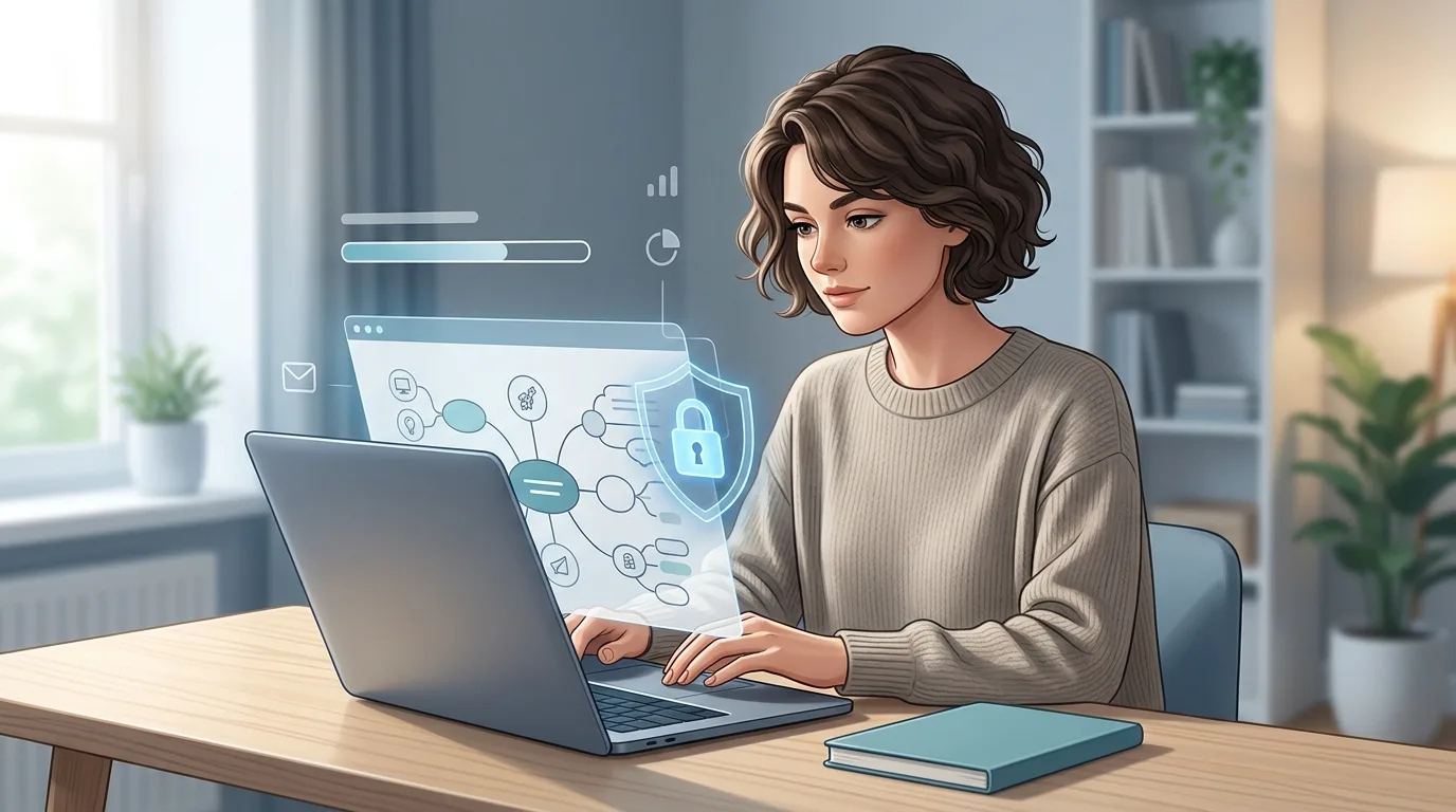 Person writing notes on a laptop while a shield and lock overlay shows encryption happening on the device
