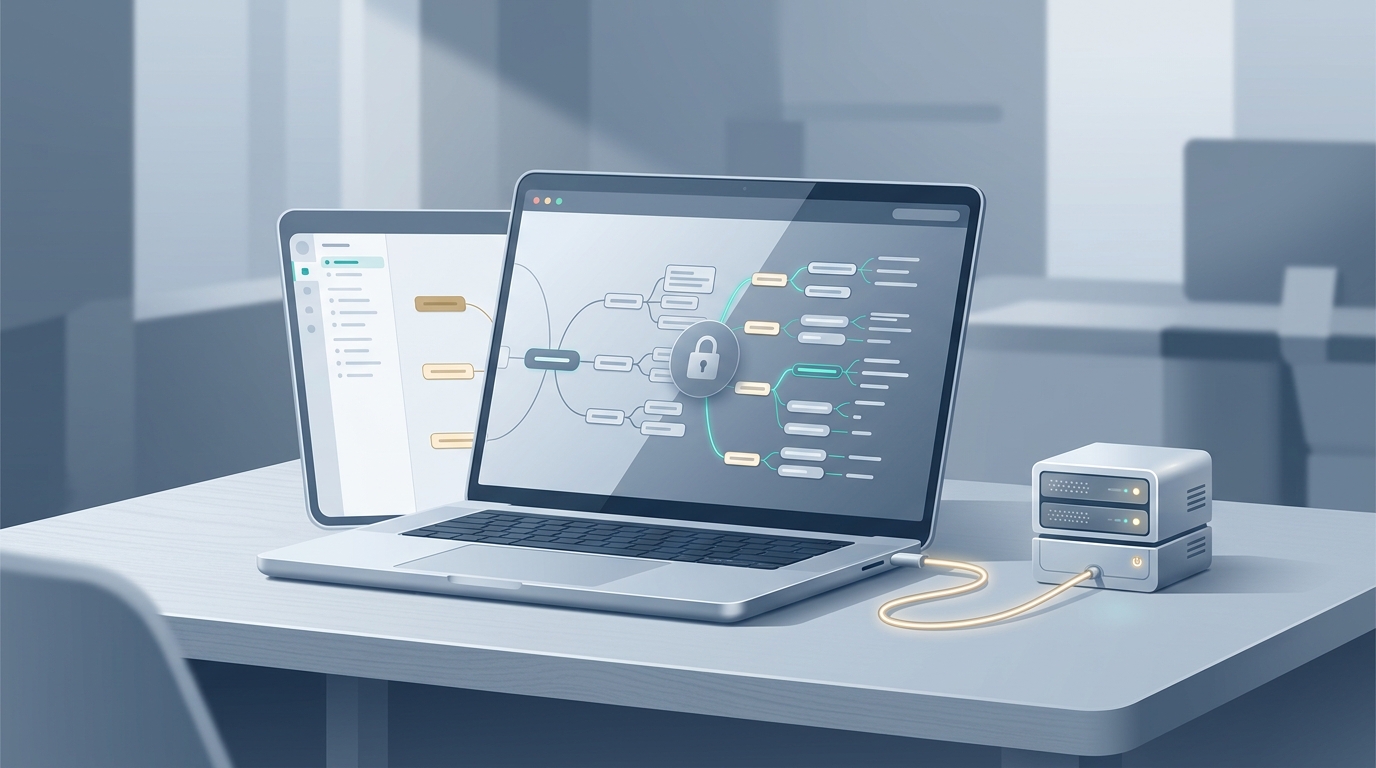 Self-hosted MindMapVault running on desktop with server icon and lock overlay