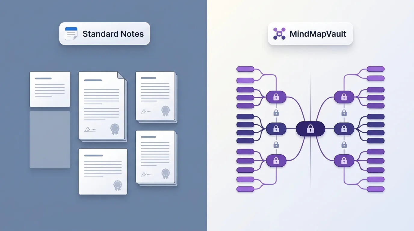 Standard Notes and MindMapVault comparison showing text notes versus private visual mind maps