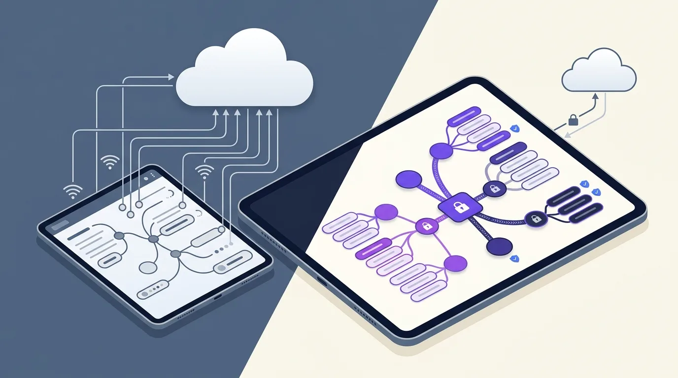 Local-first note storage shown with a device-owned working copy and sync path