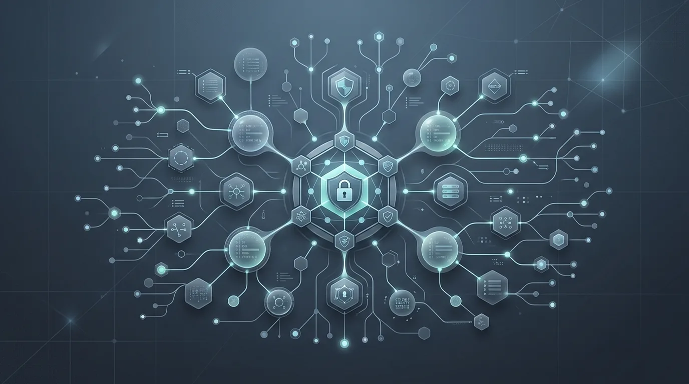 Schematic showing an encrypted vault and connected mind map nodes